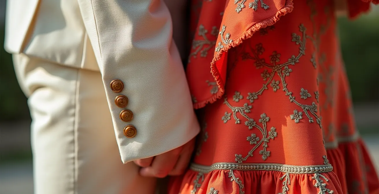 Detailaufnahme traditioneller Feria-Kleidung für Männer und Frauen, die die Textur eines Leinenanzugs und eines Flamencokleides zeigt.