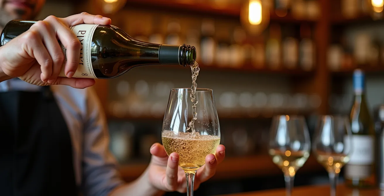 Traditionelles Einschenken von Txakoli aus grosser Höhe in ein Glas