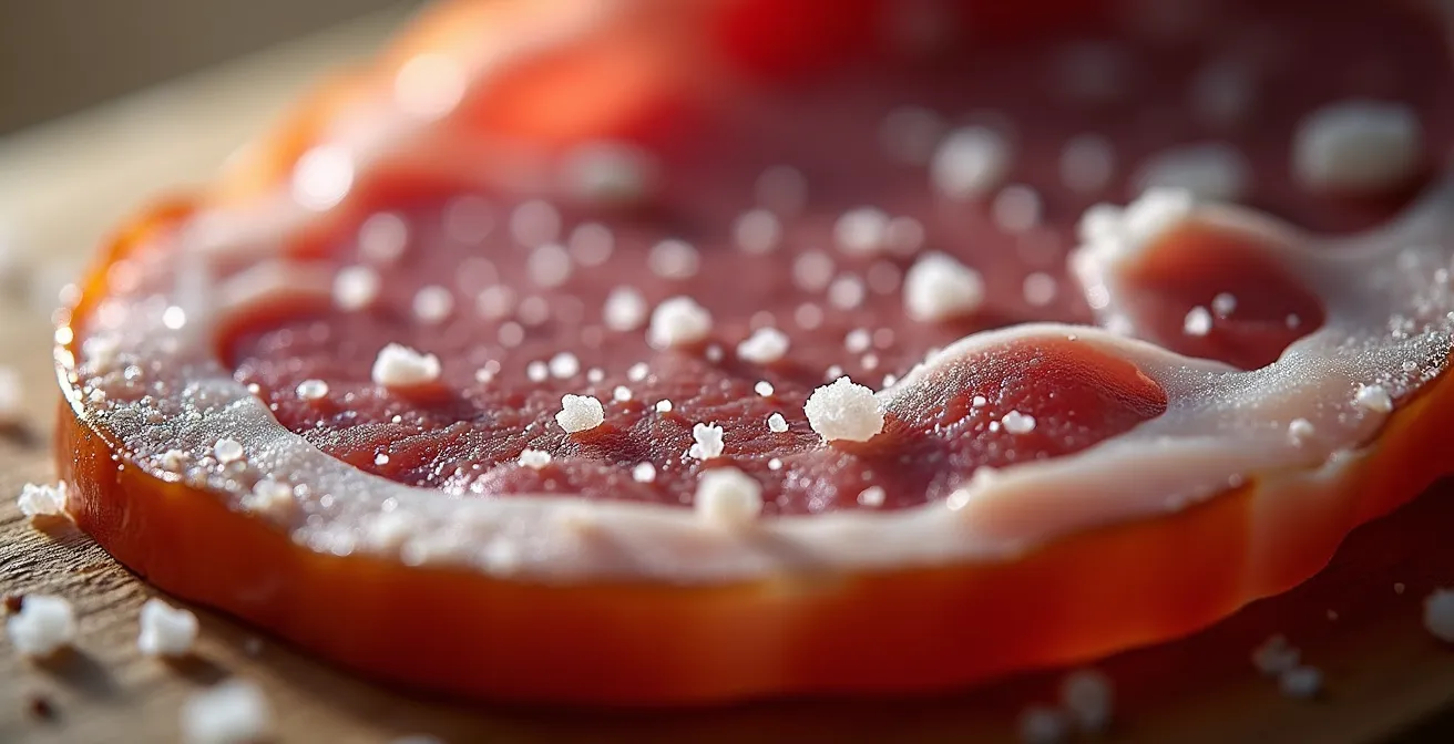 Makroaufnahme von weissen Tyrosin-Kristallen auf gereiftem iberischen Schinken