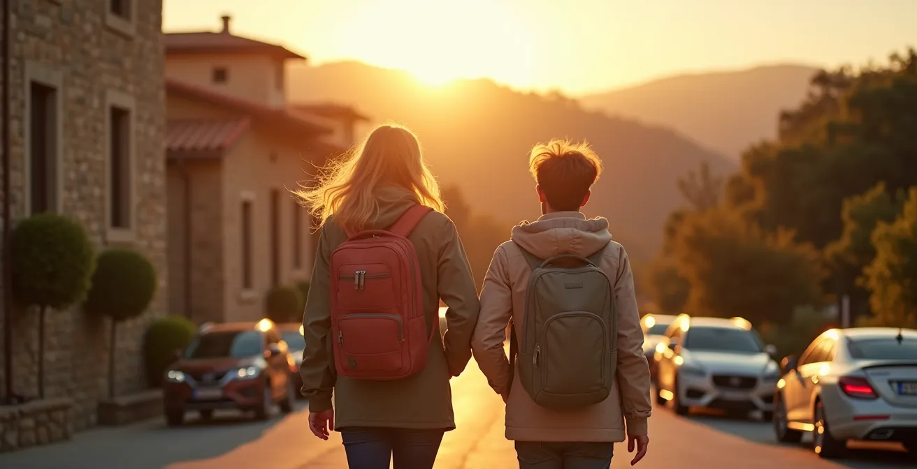 Historisches Parador-Hotel in den Bergen bei Sonnenuntergang mit geparkten Autos