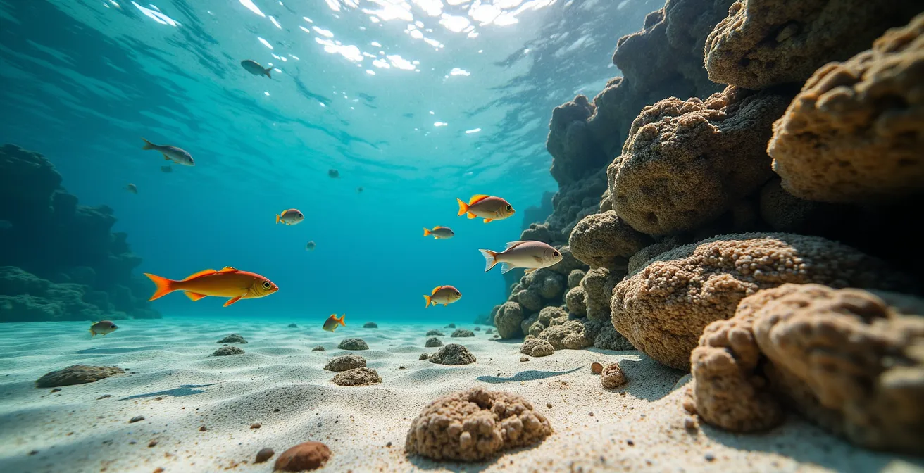 Unterwasseraufnahme eines kiesigen Meeresbodens mit bunten Fischen vor Mallorca