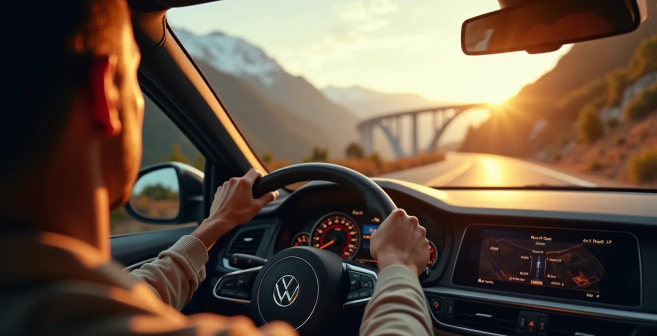 Panoramablick auf die kurvenreiche A75 durch das französische Zentralmassiv