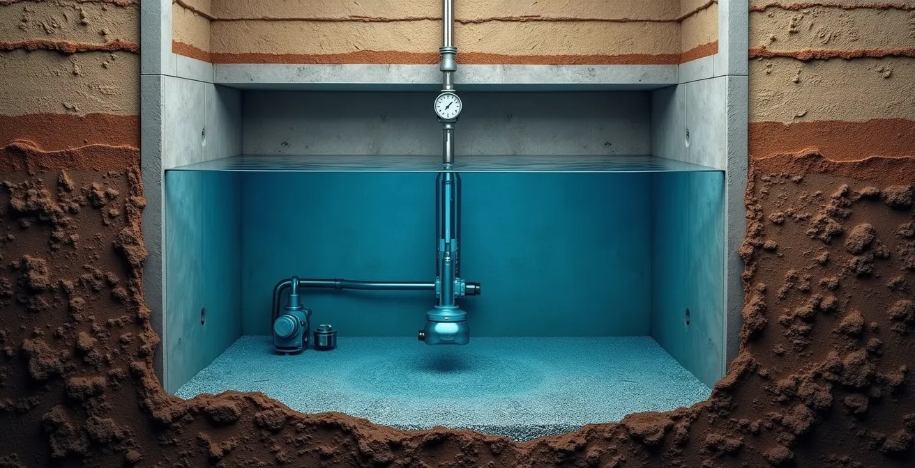 Unterirdische Zisterne mit Wasserstandsanzeige und Pumpsystem, die die Wasserlogistik einer Finca zeigt