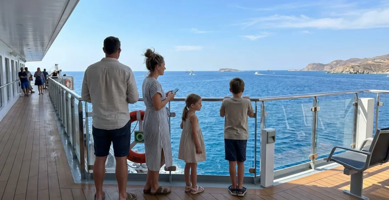 Familie steht an der Reling eines Fährdecks und blickt auf das offene Mittelmeer, von hinten fotografiert, natürliches Tageslicht