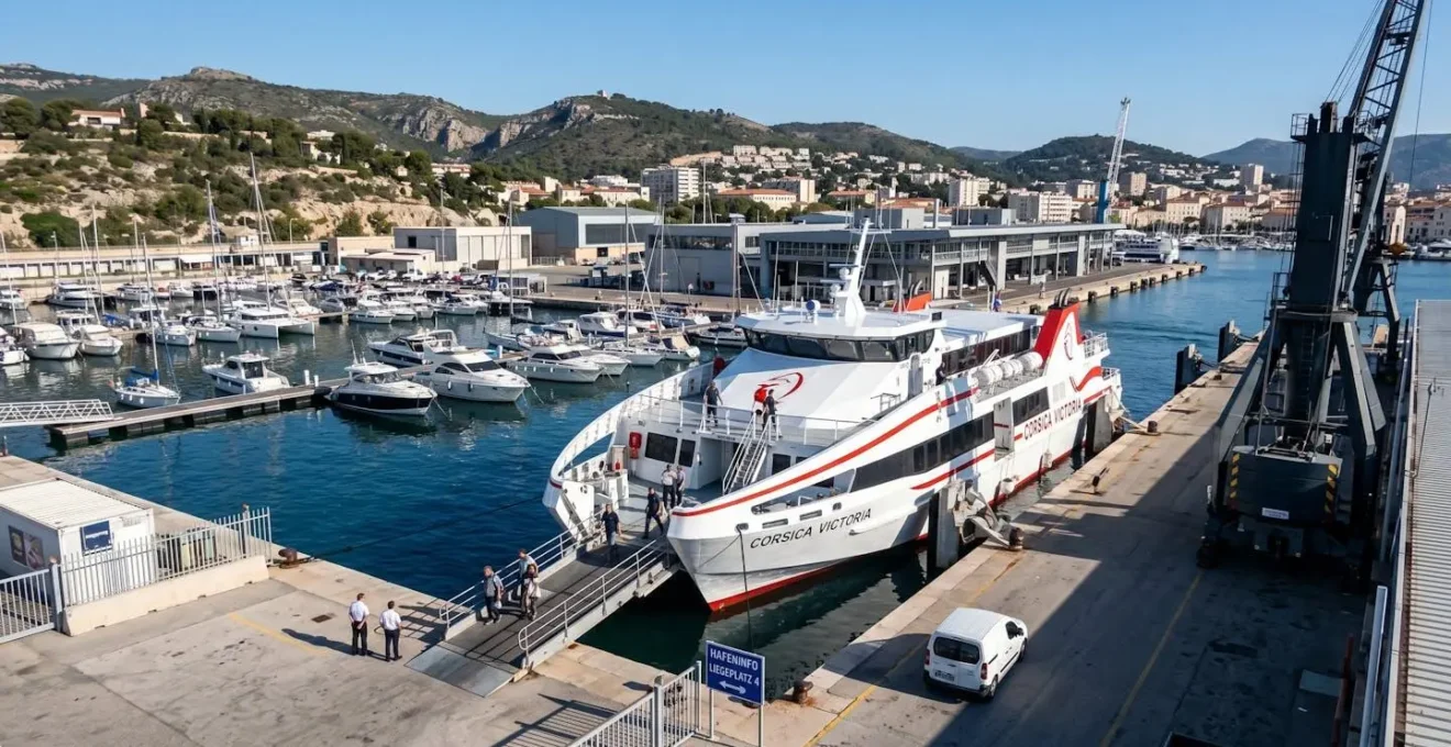 Moderner Fährhafen von Toulon mit weißer Passagierfähre am Kai, sonniger Mittelmeerhimmel und klare Hafeninfrastruktur