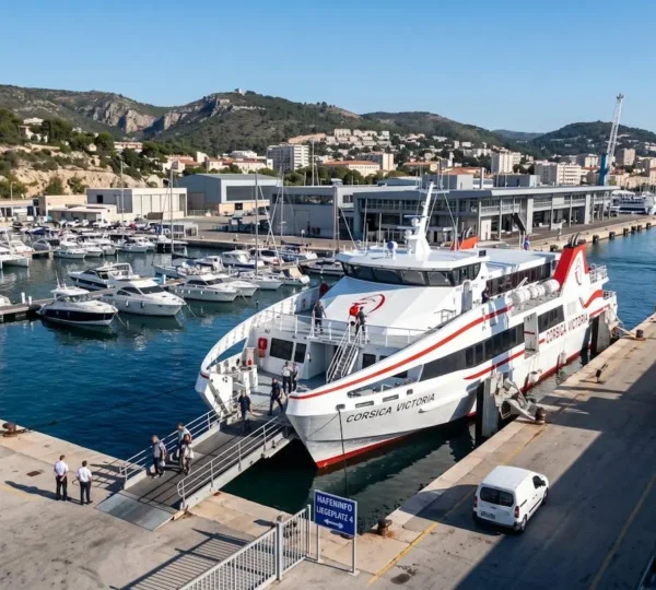 Moderner Fährhafen von Toulon mit weißer Passagierfähre am Kai, sonniger Mittelmeerhimmel und klare Hafeninfrastruktur